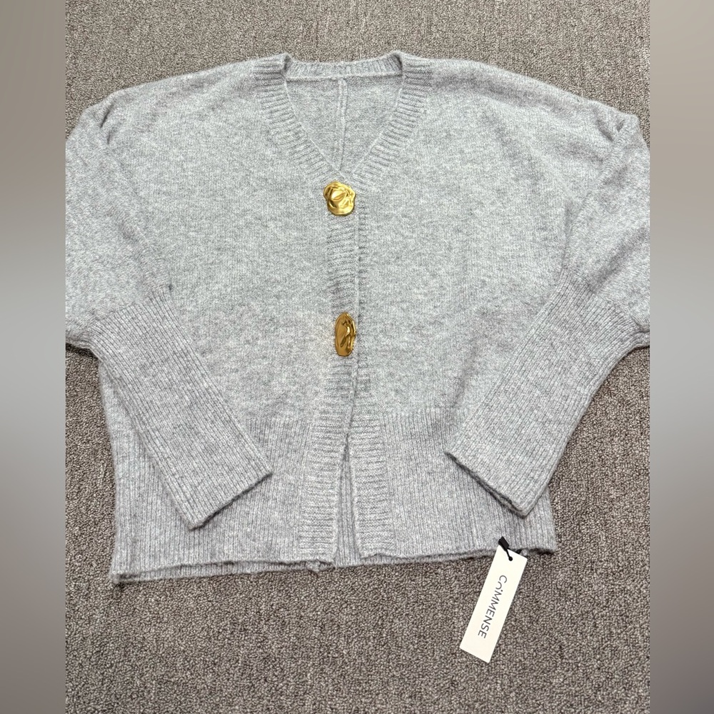 Commense Light Gray V-Neck Knit Cardigan with Gold Accent Buttons